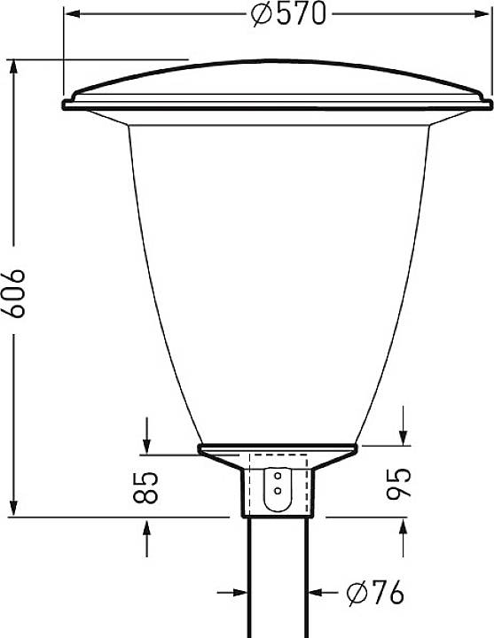 Tekening van een straatlantaarn met de volgende afmetingen: diameter boven 570 mm, totale hoogte 606 mm, mastdiameter onderaan 76 mm.