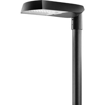 Een moderne zwarte straatlantaarn met een ronde lampenkop en een slanke, rechte mast. Geschikt voor stedelijke verlichting.