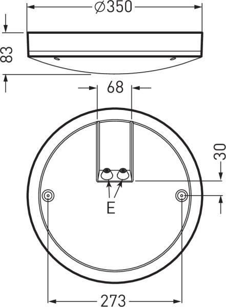 Technische tekening van een ronde plafondlamp. Diameter 350 mm, hoogte 83 mm, montagebevestigingspunten aangegeven.