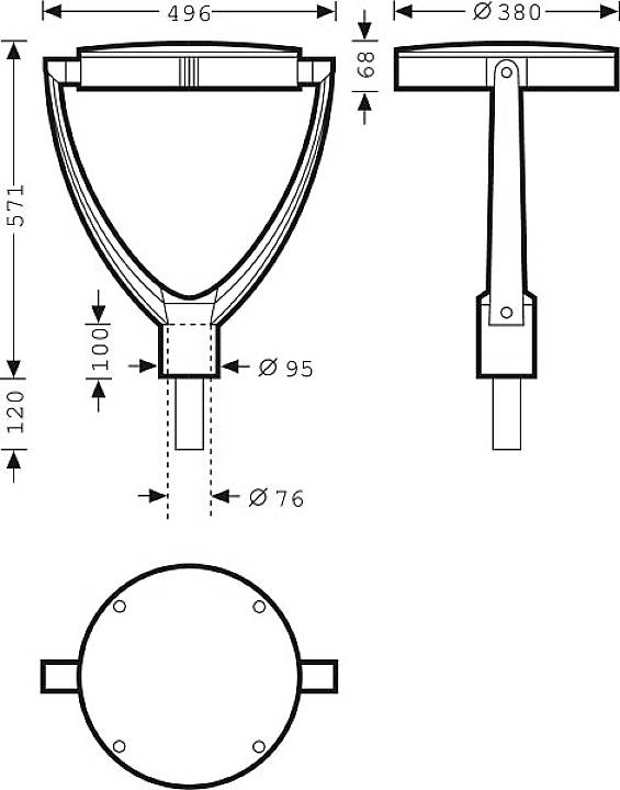 Technische tekening van een straatlantaarn met voor-, zij- en bovenaanzicht. Afmetingen: 496 mm breedte, 380 mm diepte, 120 mm hoogte.