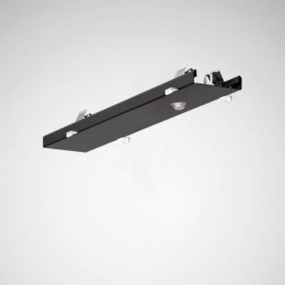 Plafondlamp met modern, zwart, rechthoekig design en twee verstelbare bevestigingen voor flexibele lichtuitlijning.