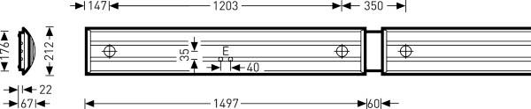 Technische tekening van een cilindrisch object met gedetailleerde afmetingen en pijlen. Afmetingen: 1471, 196, 1203.
