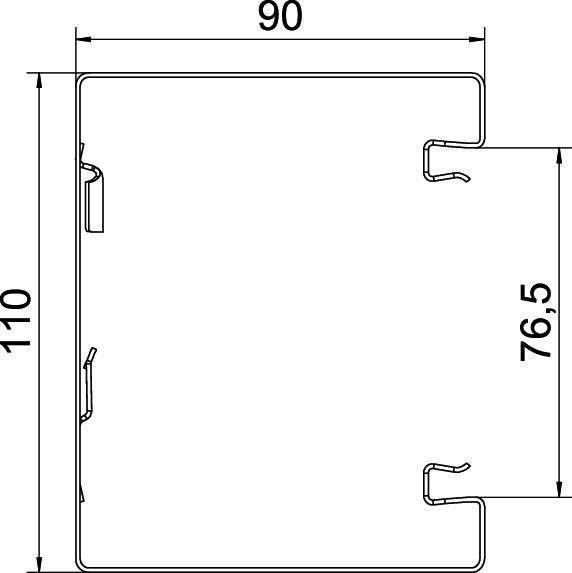 Technische tekening van een rechthoekige doorsnede met afmetingen van 90 mm breedte en 110 mm hoogte. Binnenste gedeelte 76,5 mm hoog.