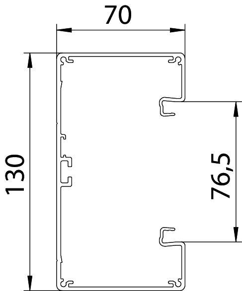 Technische tekening van een rechthoekig profiel met buitenafmetingen van 70 mm breedte en 130 mm hoogte, van binnen 76,5 mm.