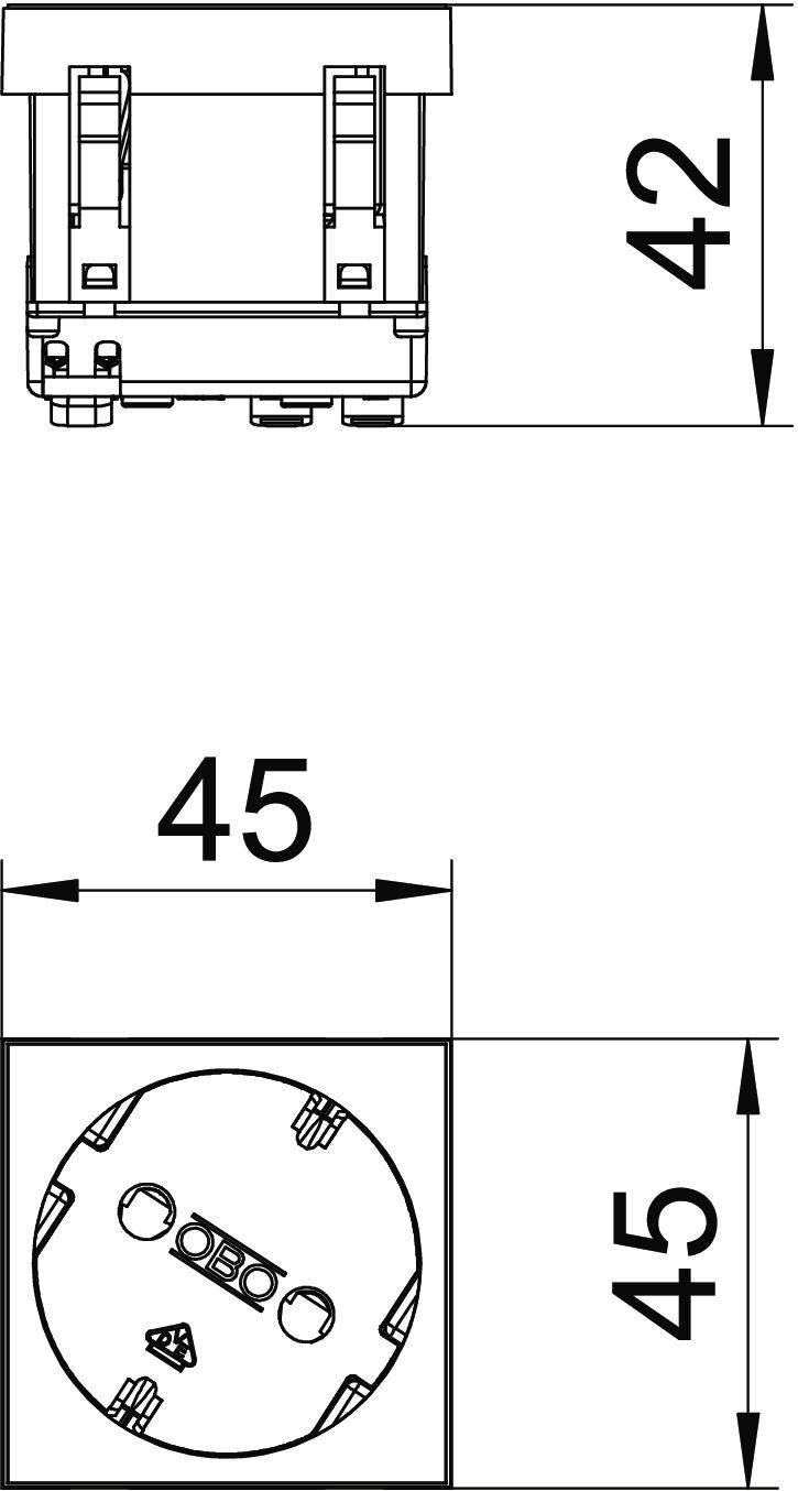 Technische tekening van een elektrische stekker met zij- en vooraanzicht. Afmetingen: hoogte 42 mm, breedte 45 mm, diepte 45 mm.