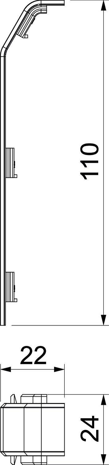 Technische tekening van een straatverlichting profiel met afmetingen: Totale hoogte 110, breedte 22, diepte 24.