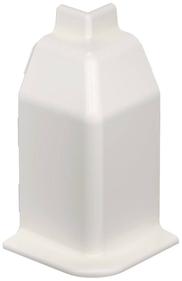 Witte kunststof verpakking met zeshoekige voet en slanke, hoge vorm.