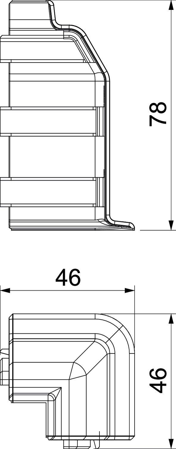 Technische tekening van een rechthoekig onderdeel met afmetingen: hoogte 78 mm, breedte 46 mm, diepte 46 mm. Zijaanzicht toont details.