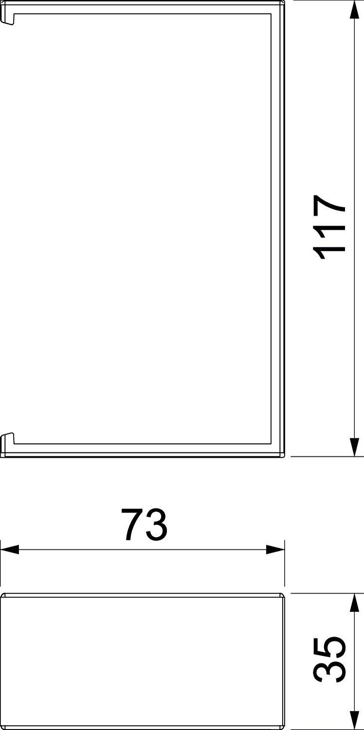 Technische tekening van een rechthoekig object met de afmetingen 117 x 73 x 35.