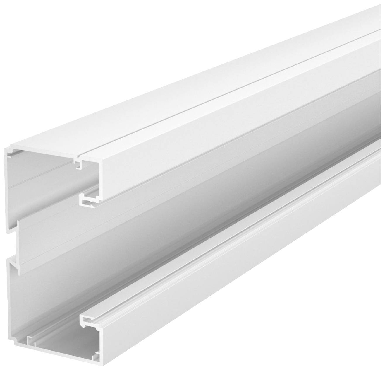Een wit aluminiumprofiel dat bestemd is voor gebruik in constructie en montage. Het vertoont een doorsnede-ontwerp met meerdere kanalen.