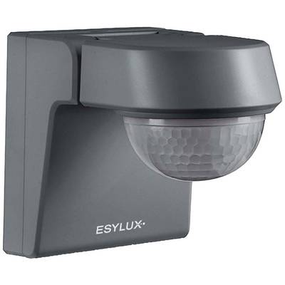 Bewegingsmelder in een grijs behuizing voor wandmontage, gemarkeerd met het 'ESYLUX' logo, hoofdzakelijk bedoeld voor het detecteren van bewegingen in de nabije omgeving.