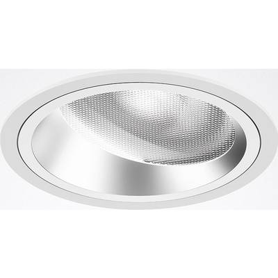 Een ronde inbouwspot met een reflecterende, gerasterde oppervlakte. Geschikt voor plafondmontage voor gelijkmatige verlichting.