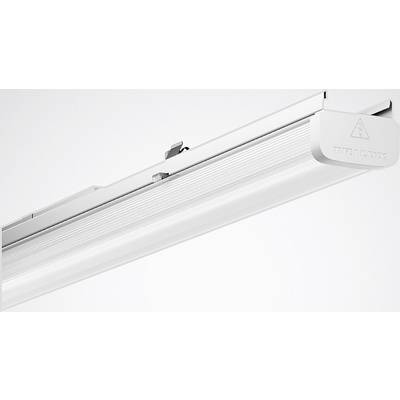 Witte LED-verlichting met een smal, rechthoekig ontwerp en een subtiele merktekst, gemonteerd aan een vlak plafond.