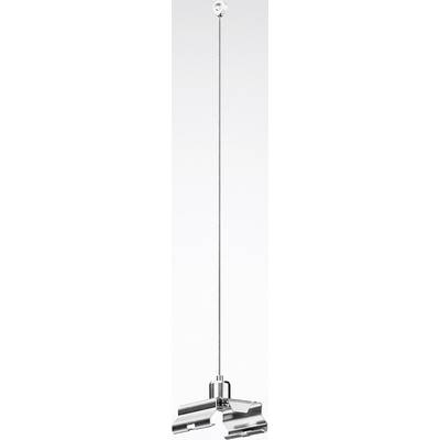 Een zilveren, modern plafondlicht met een lang snoer dat afhangt van de bovenrand van het beeld. Het ontwerp is minimalistisch en elegant.