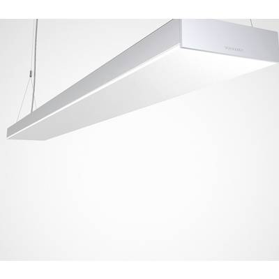 Een moderne, witte hanglamp met een minimalistisch design hangt aan dunne kabels van het plafond.