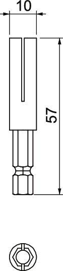 Technische tekening van een gereedschap met afmetingen: 57 mm lengte, 10 mm breedte. Zeskante basis onderaan, sleuf bovenaan.
