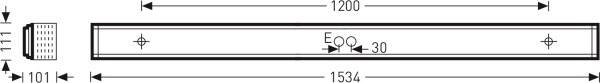 Technische tekening van een balk met afmetingen: Lengte 1534 mm, Breedte 101 mm, Hoogte 1200 mm, Boring gecentreerd op 30 mm van de rand.