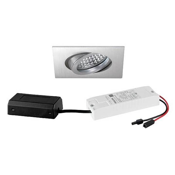Een rechthoekige LED-inbouwspot van roestvrij staal met stuurapparaat en bekabeling. Ideaal voor moderne verlichtingsprojecten.