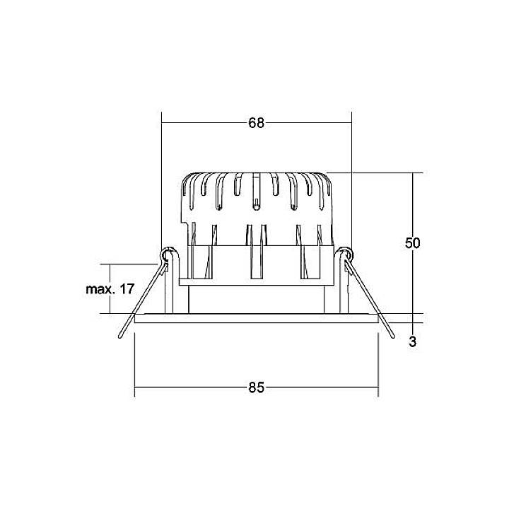 Technische tekening van een cilindrisch apparaat met afmetingen: 85 mm breed, 68 mm diameter, 50 mm hoogte, maximale inbouwdiepte 17 mm.