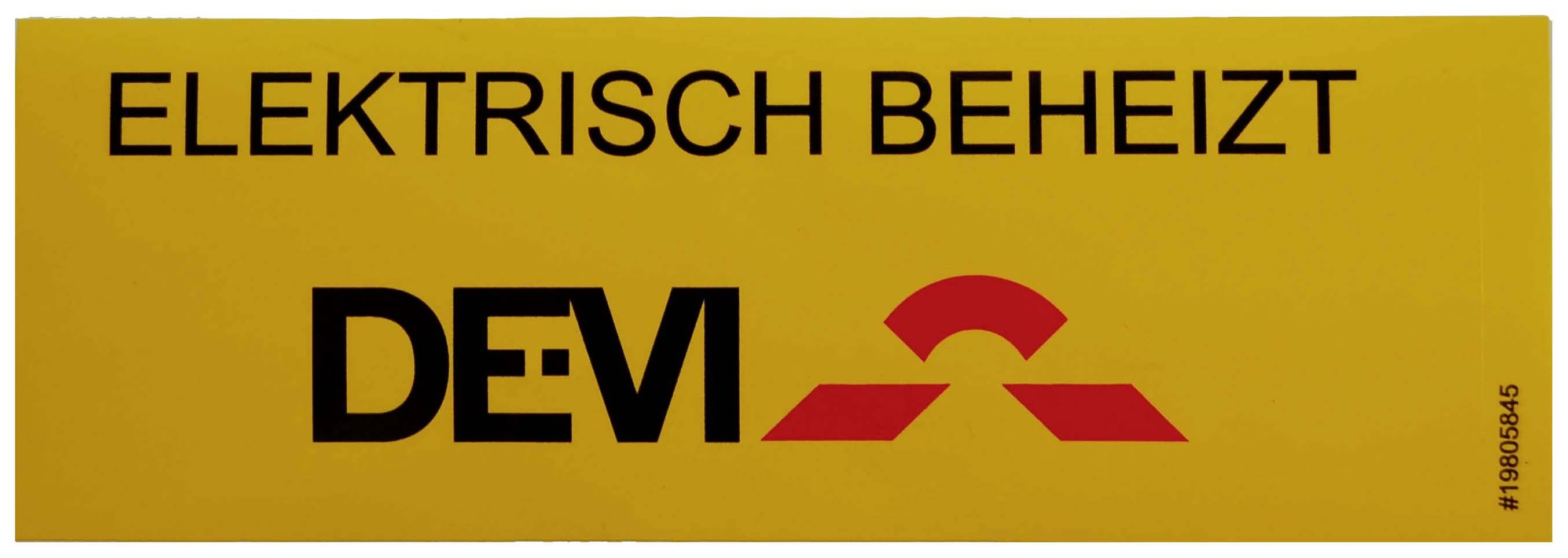 Geel schild met zwarte tekst 'ELEKTRISCH VERWARMD' en 'DEVI' met rood logo eronder.