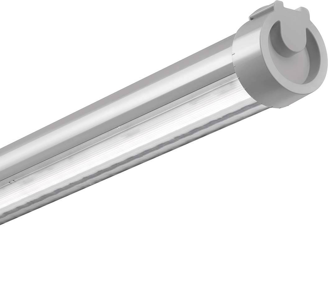 Een enkele LED-tl-buis in zilver, licht schuin weergegeven.