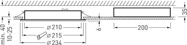 Technische tekening van een plafondlamp met afmetingen: Diameter 210-234 mm, minimale plafondopening 10-25 mm, hoogte 35 mm.