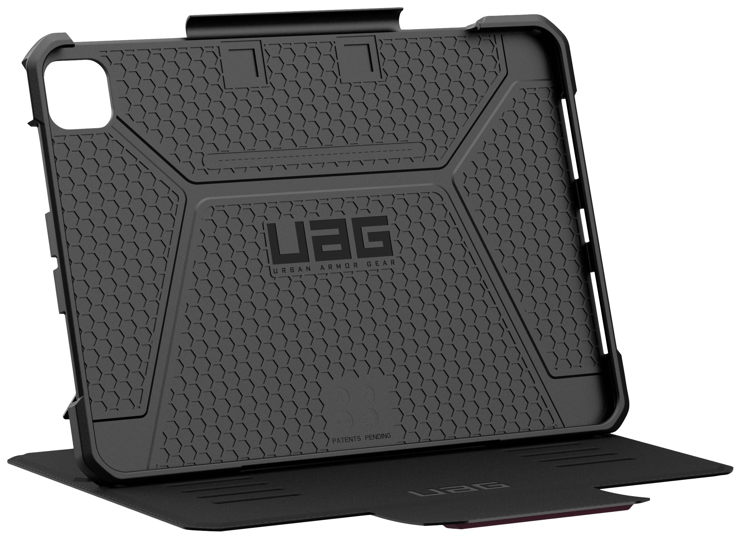 Zwart UAG-tablethoesje met een gestructureerd, slipvast ontwerp. Biedt bescherming voor de achterkant en hoeken van het apparaat.