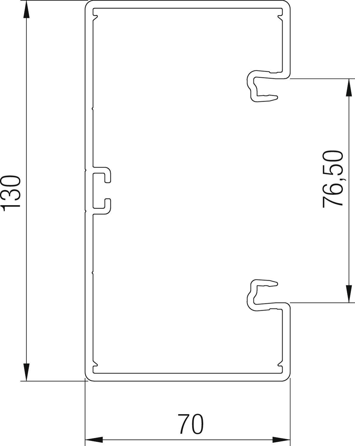 Technische tekening van een rechthoekig profiel met afmetingen: breedte 70 mm, hoogte 130 mm, tussenafstand 76,50 mm.