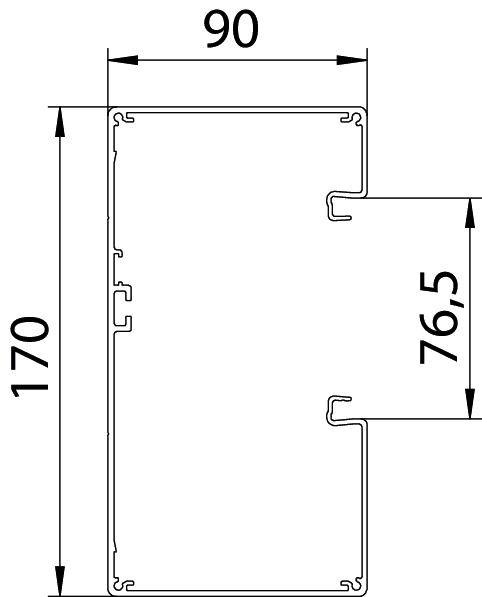 Afbeelding van een technisch profiel met afmetingen van 170 mm hoogte, 90 mm breedte en een zijdelingse uitstulping van 76,5 mm.
