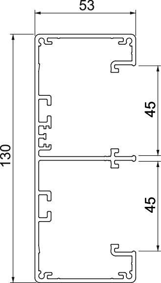 Doorsnede van een profiel met de afmetingen: breedte 53 mm, hoogte 130 mm. Twee secties, elk 45 mm hoog, gescheiden door een tussenschot.