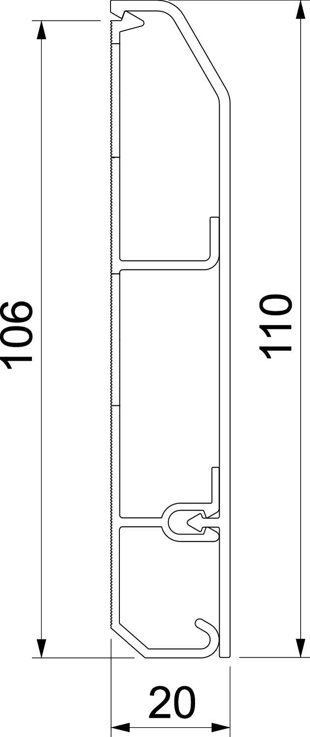 Technische tekening van een doorsnede met afmetingen: hoogte 110 mm, breedte 20 mm, intern detail toont structuur.