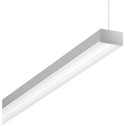 Een moderne, rechthoekige plafondlamp met metalen frame en LED-strip, hangend aan een dun kabel. Minimalistisch design.