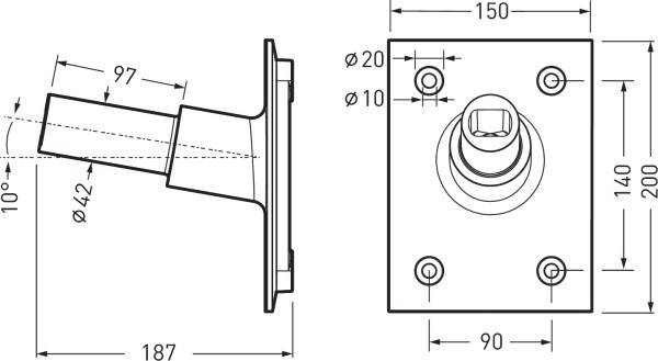 Technische tekening van een bevestigingsadapter met afmetingen in millimeters: lengte 187, breedte 150, hoogte 200, hellingshoek 10 graden.