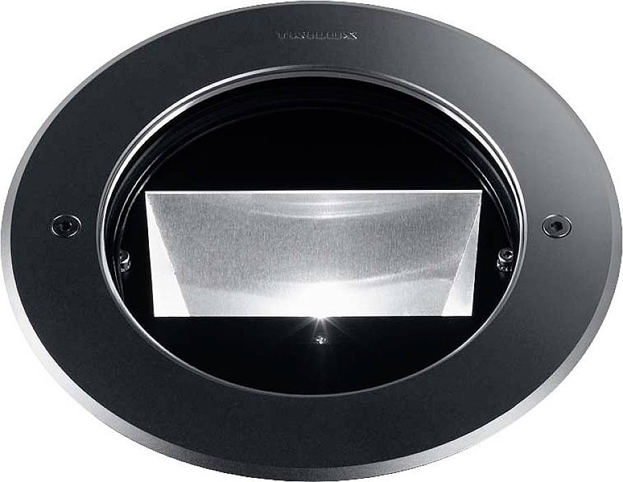 Een ronde plafondspot in het zwart met een rechthoekige reflector in het midden, die naar beneden schijnt.