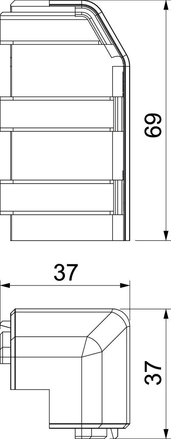 Zij-aanzicht en achteraanzicht van een technische tekening van een rechthoekig object met afmetingen van 69 x 37 en 37 x 37 millimeter.