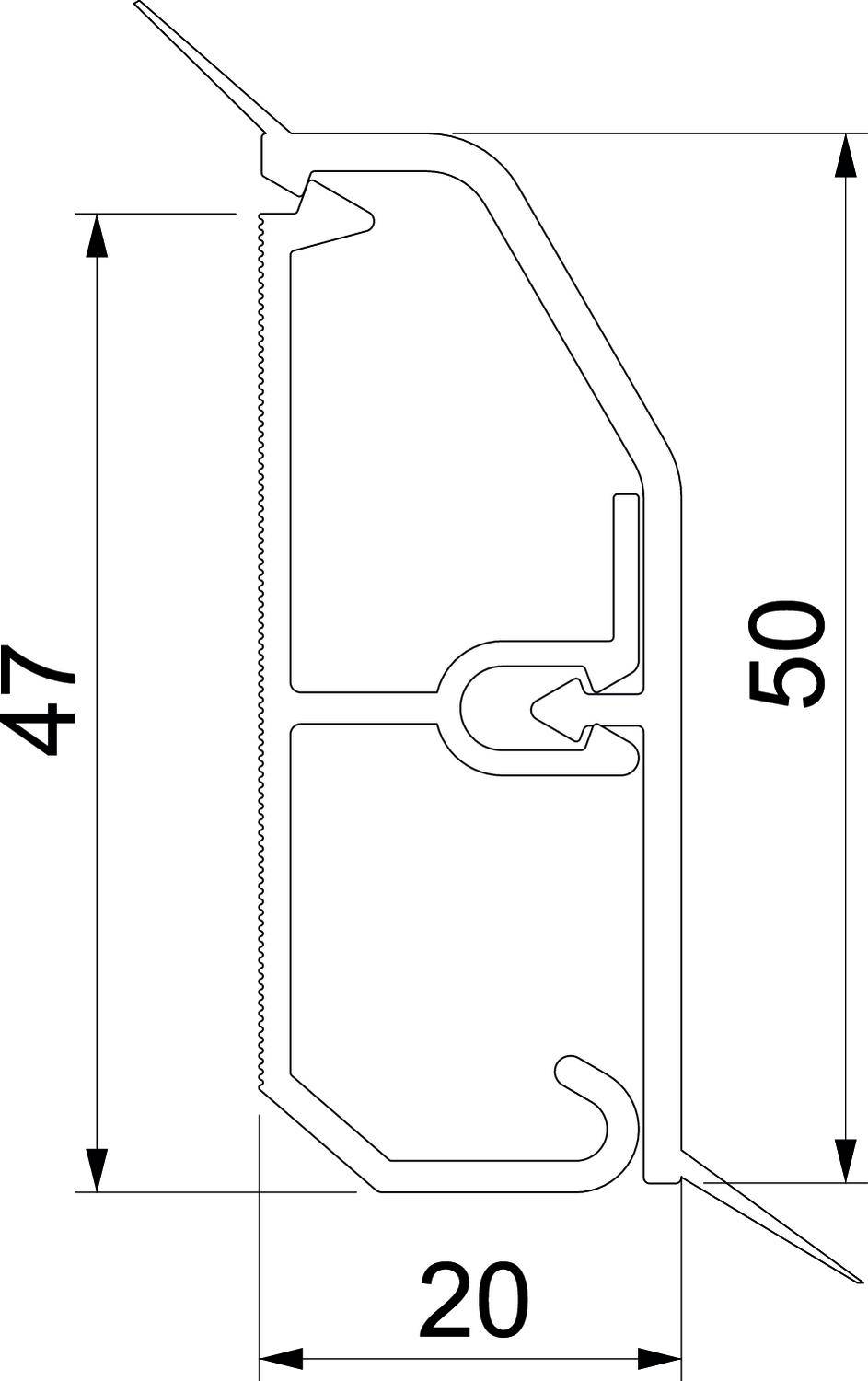 Technische tekening van een profiel met afmetingen: Hoogte 50 mm, breedte 20 mm, en binnenste sectie van 47 mm. Lijnen tonen de structuur.