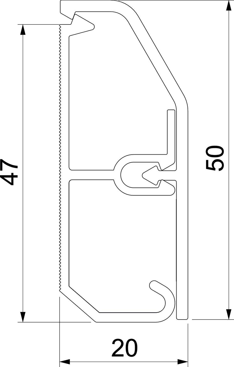 Doorsnede van een technische tekening van een profiel. Afmetingen: hoogte 50 mm, breedte 20 mm, met een haak en meerdere kamers.