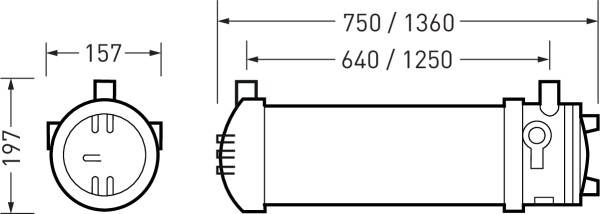 Technische tekening van een cilindrisch object met afmetingen: lengte 750/1360 mm, breedte 157 mm, hoogte 197 mm. Toont zij- en vooraanzicht.
