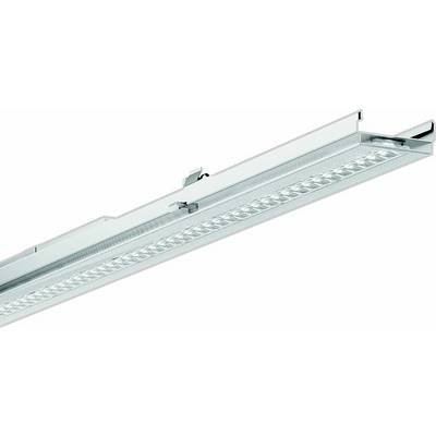 Een langwerpige LED-armatuur in een metalen behuizing, geschikt voor plafondmontage. Hij heeft een modern, strak design.