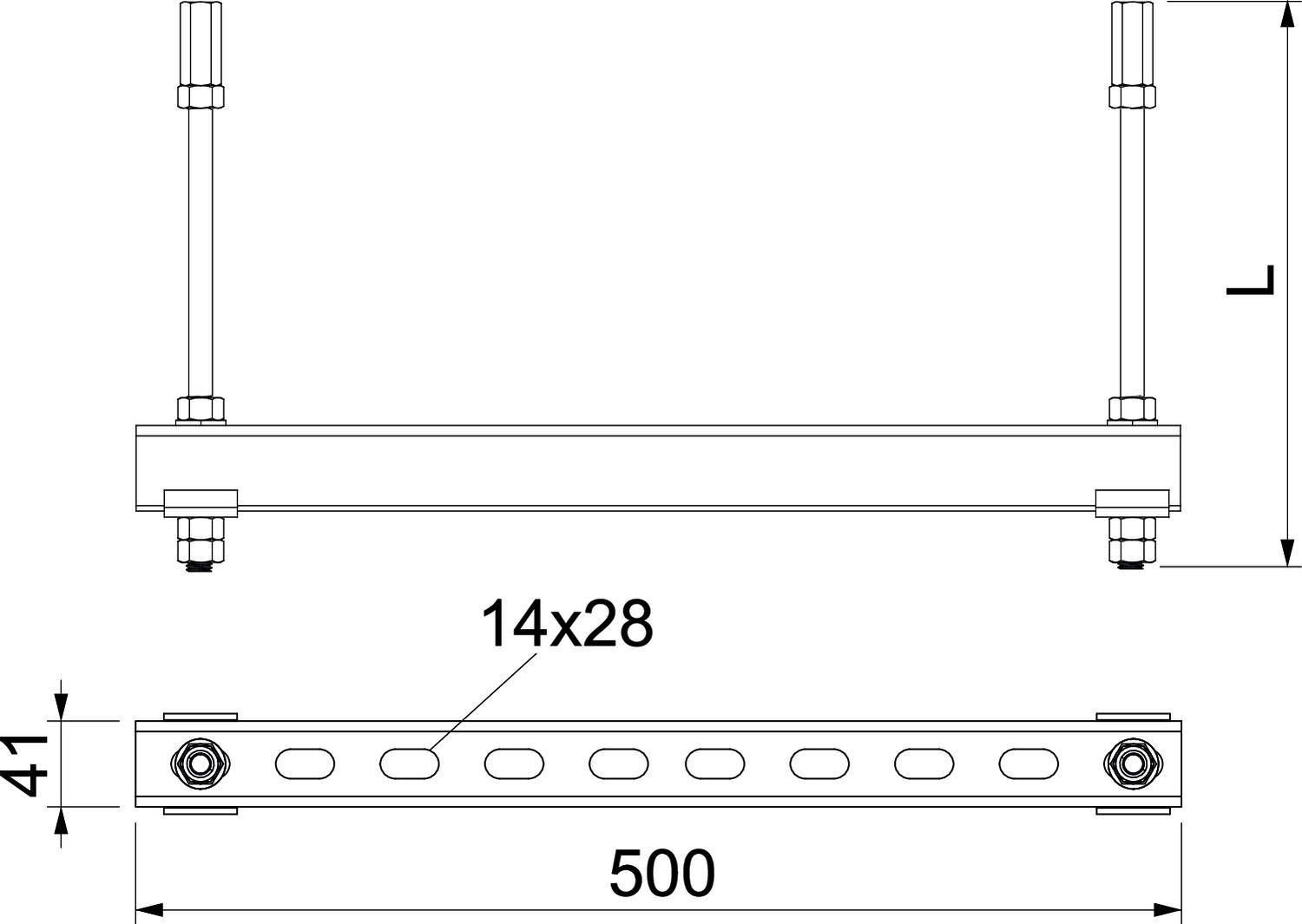 Technische tekening van een metalen steun, afmetingen 500 mm lengte, 41 mm hoogte, gatpatroon 14x28 mm.