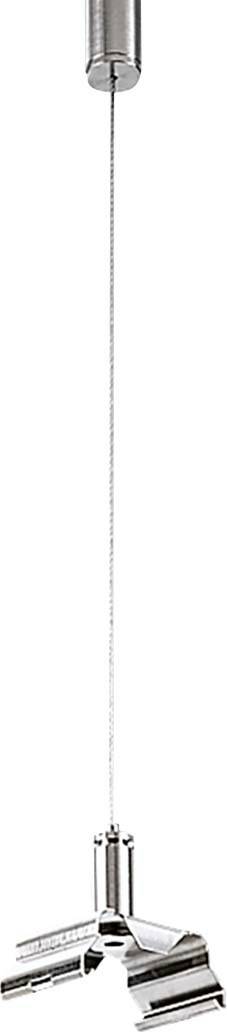 Zilveren, moderne hanglamp met drie buisvormige lichtarmaturen aan een staaldraad.