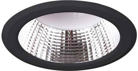 Zwarte, ronde LED-plafondlamp met reflecterend metalen binnendeel. Geschikt voor moderne binnenverlichting.
