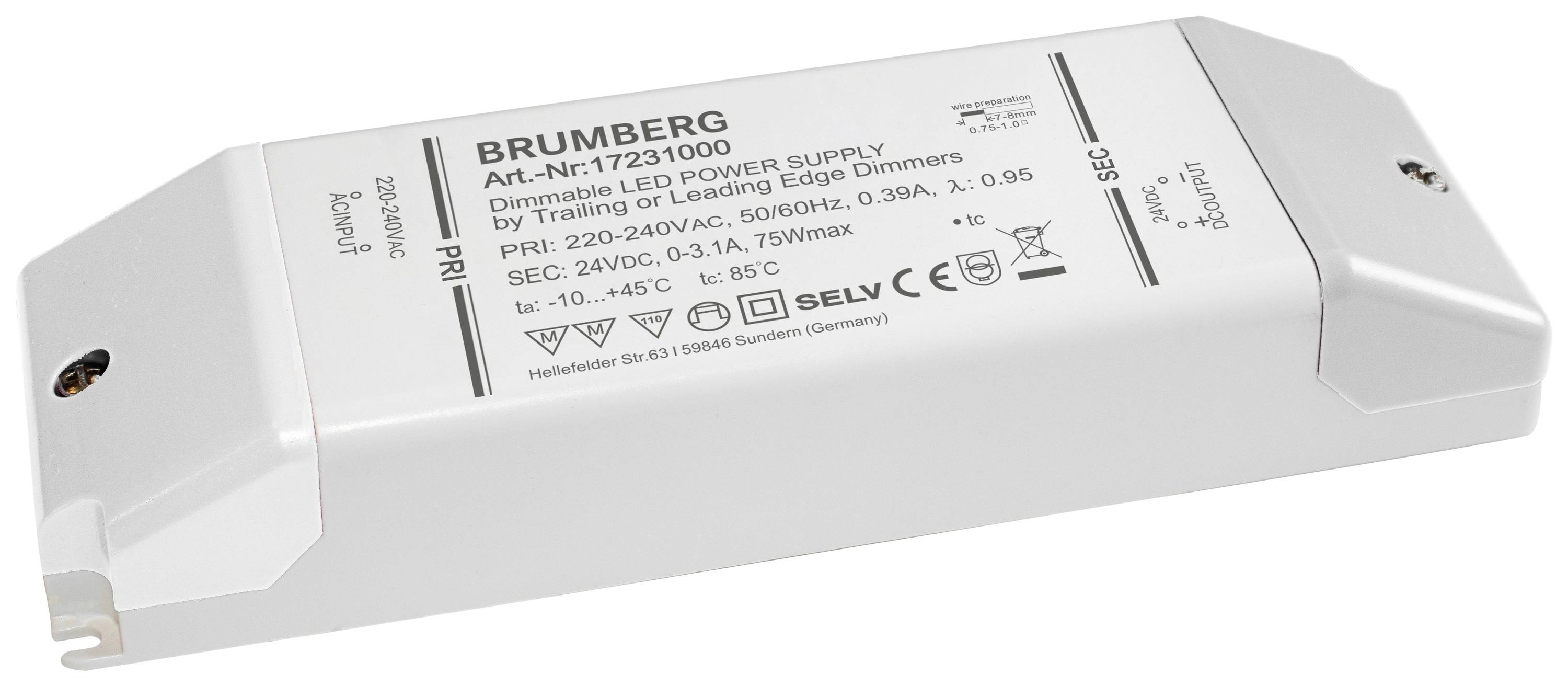 Een wit, rechthoekig LED-voedingsapparaat van het merk Brumberg met modelnummer 17231000, geschikt voor dimbare toepassingen, spanning 220-240V.