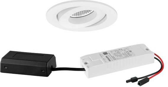LED-inbouwarmatuur met rond frame en externe transformator. Geschikt voor plafondmontage in woon- of bedrijfsruimten.