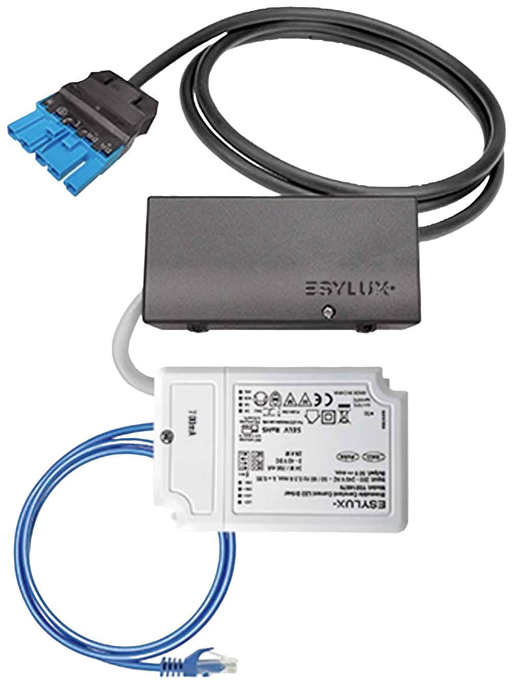 'ESYLUX' bekabelingseenheid met een zwart behuizing en blauwe aansluitingen. Witte bedieningseenheid met technische gegevens en blauwe leiding.