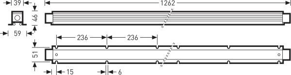 Technische tekening van een langwerpig onderdeel met de afmetingen: lengte 1262 mm, breedte 59 mm, hoogte 46 mm. Afmetingen en afstanden zijn gemarkeerd.
