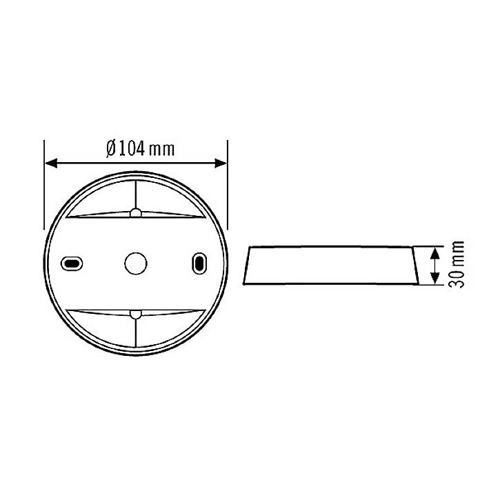Technische tekening toont de bovenaanzicht en zijaanzicht van een rond object met een diameter van 104 mm en een hoogte van 30 mm.