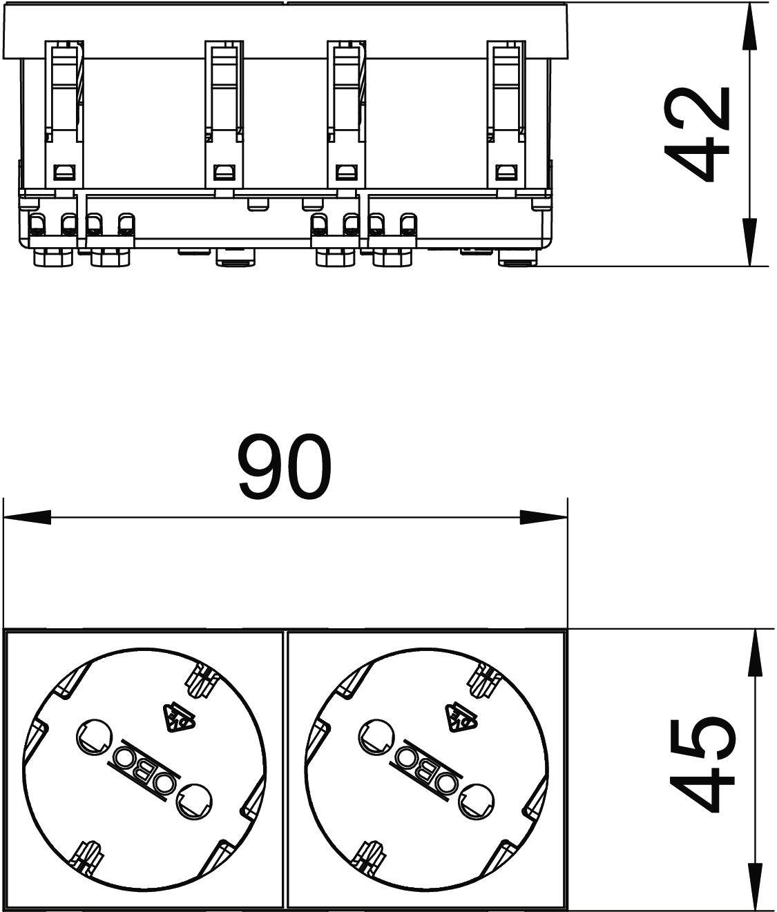 Technische tekening: Weergave van een dubbele stopcontactblok in het bovenste gedeelte, afmetingen 42 mm hoogte, 90 mm breedte, 45 mm diepte.