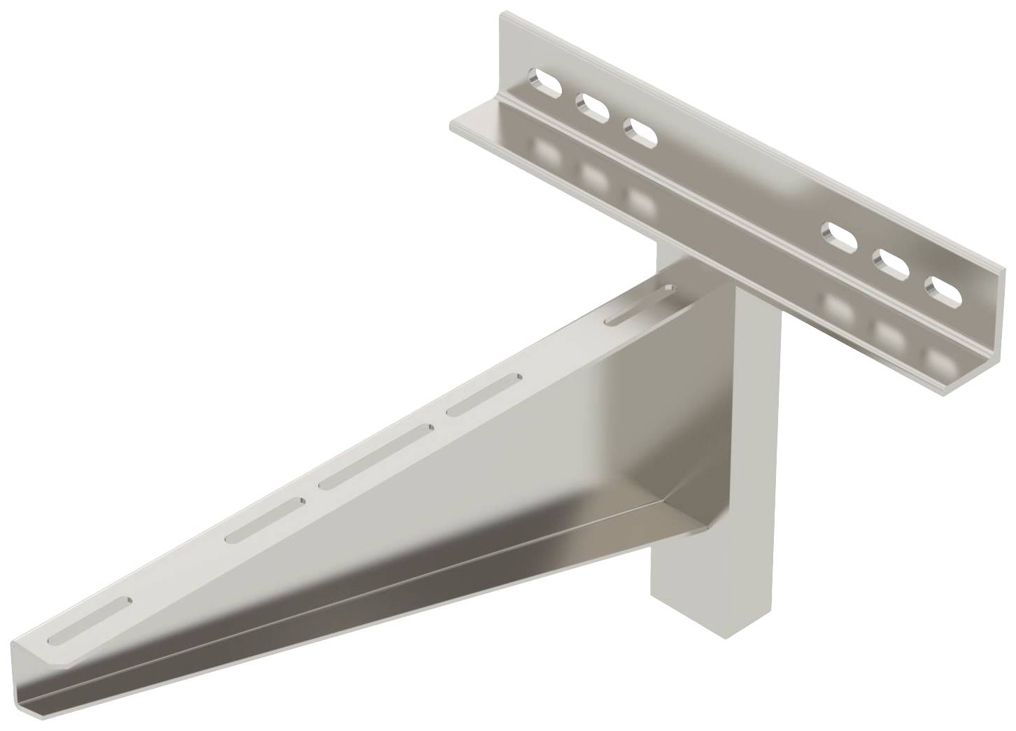 Metalen console met wandbevestiging en schuine steunbalk, gebruikt voor stabiele montage van schappen of apparatuur aan muren.
