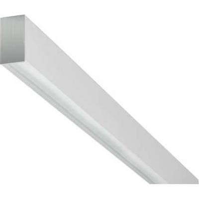 Een lang, modern LED-plafondlicht met een rechthoekige doorsnede en een zilveren behuizing wordt van onderen bekeken.